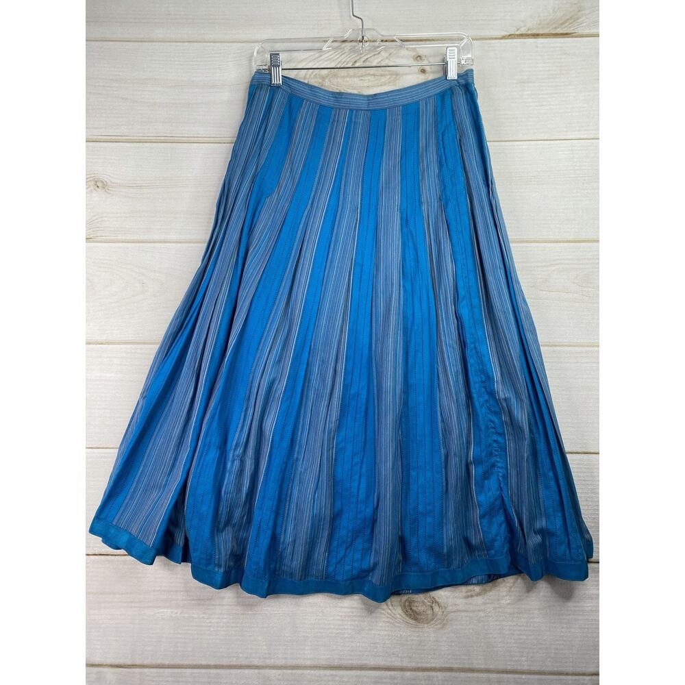 Rafaella Skirt 6 Blue Turquoise Pin Tucked Striped A Line Midi 100% Cotton NWT - Picture 7 of 10